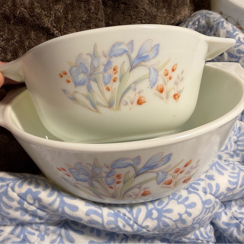 Vintage Pyrex England Blue Iris Casserole Dish Set of Two- Milk Glass Bakeware